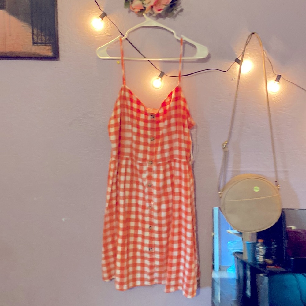 Spaghetti strap button down plaid, pink, orange, and white dress maxi mid XL